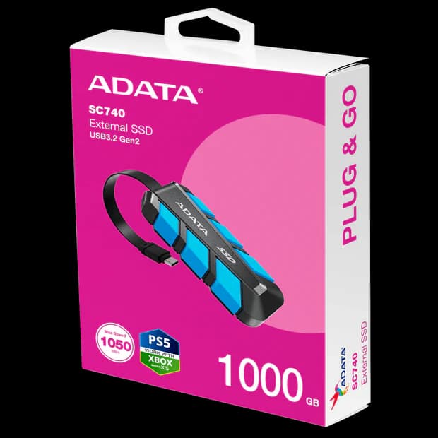 ADATA SC740 External SSD USB 3.2 Gen2 1050MB/s Read 1000MB/s Write Built-In USB-C Cable MIL-STD Drop - 1TB