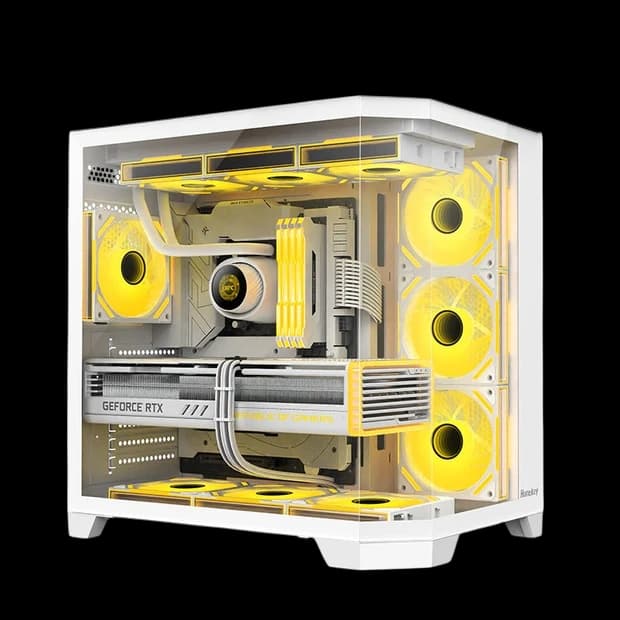 Huntkey S970 Max Storm Blizzard Edition Gaming PC Case, Full View Triple Tempered Glass, ATX/M-ATX/Mini-ITX Support, Up to 10 Fans & 360mm Liquid Cooling, 400mm GPU Clearance (Fans Not Included)