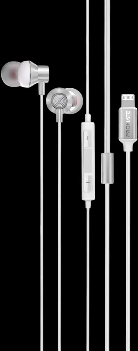 Promate Earphones with Lightning Connector, In-Ear MFi Certified Earphones with Microphone, Noise Isolation, Call Function, In-Line Volume Control Compatible for iPhone, iPad