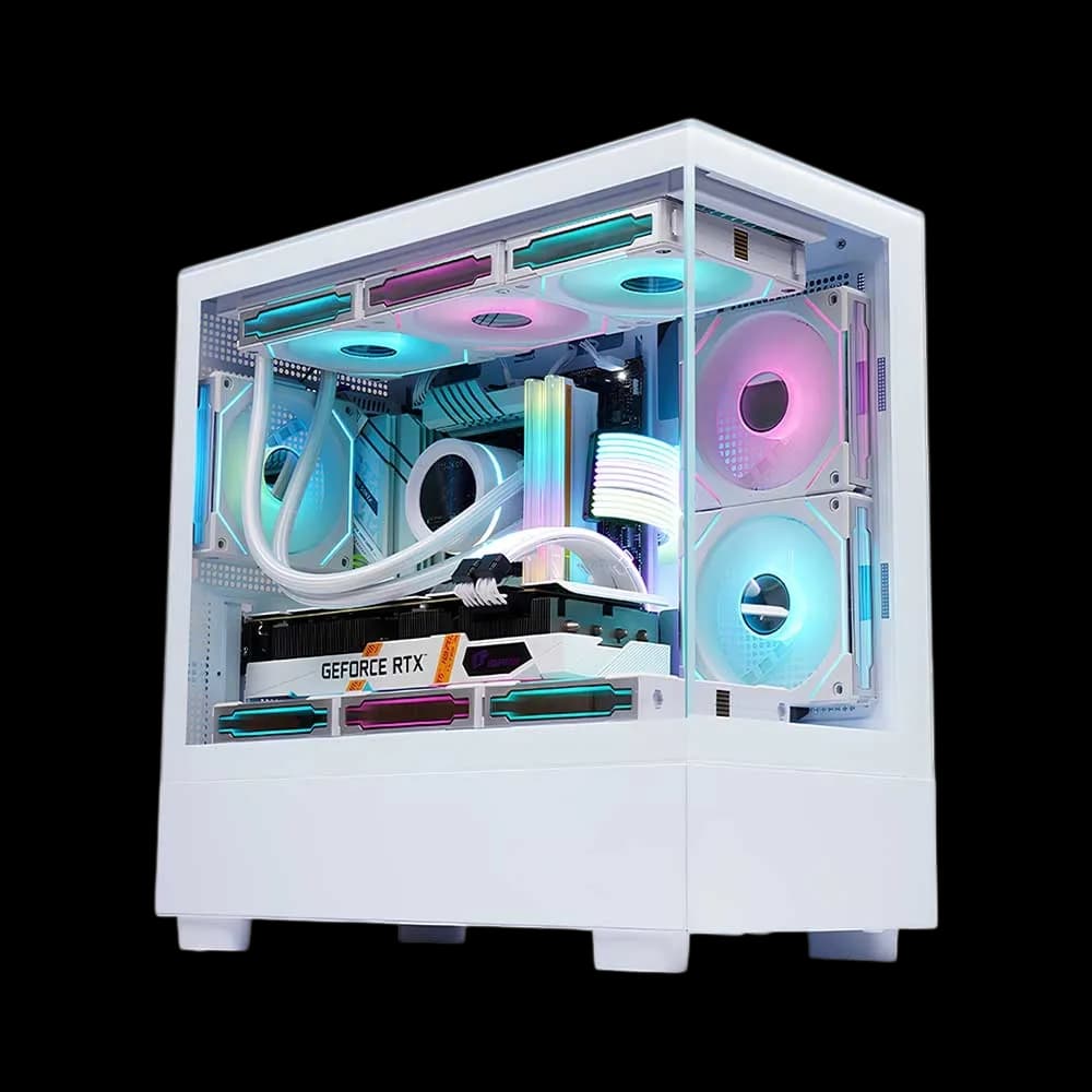WJCOOLMAN Basalat PRO LC-XW PRO with 9 RGB Fans, Panoramic Side View Chassis ,SPCC+Tempered Glass. M-ATX/ITX , S/240/360 Top - White