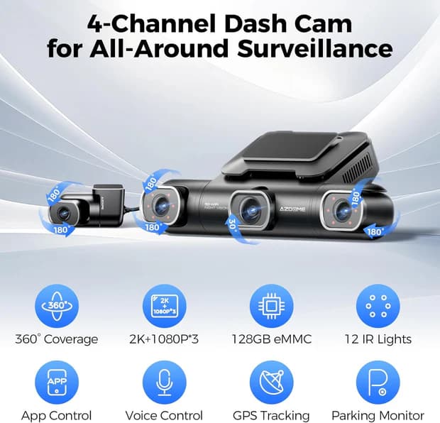 AZDOME M660 360° 4-Channel Dash Cam – 2K Front, 1080P Rear/Inside/Left/Right, Built-in 128GB eMMC, 5G WiFi, Voice Control, 4 Adjustable Lenses, IR Night Vision - Image 4