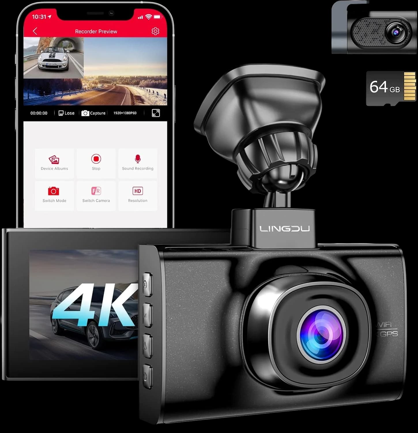 Lingdu LD02Lite 4K+1080P Front and Rear Dash Cam – Voice Control, 5G WiFi, GPS, Parking Monitor, 170° Wide Angle, Night Vision, Loop Recording, G-Sensor, 64GB Card Included
