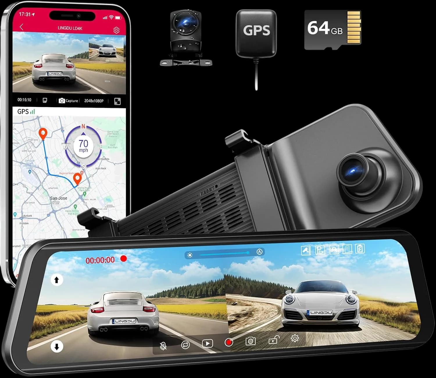 Lingdu 12" 4K Rear View Mirror Dash Cam – Dual Front & Rear (4K+1080P), 5G WiFi, GPS, Voice Control, 64GB Card Included, Loop Recording, G-Sensor, WDR Night Vision, 24H Parking Mode