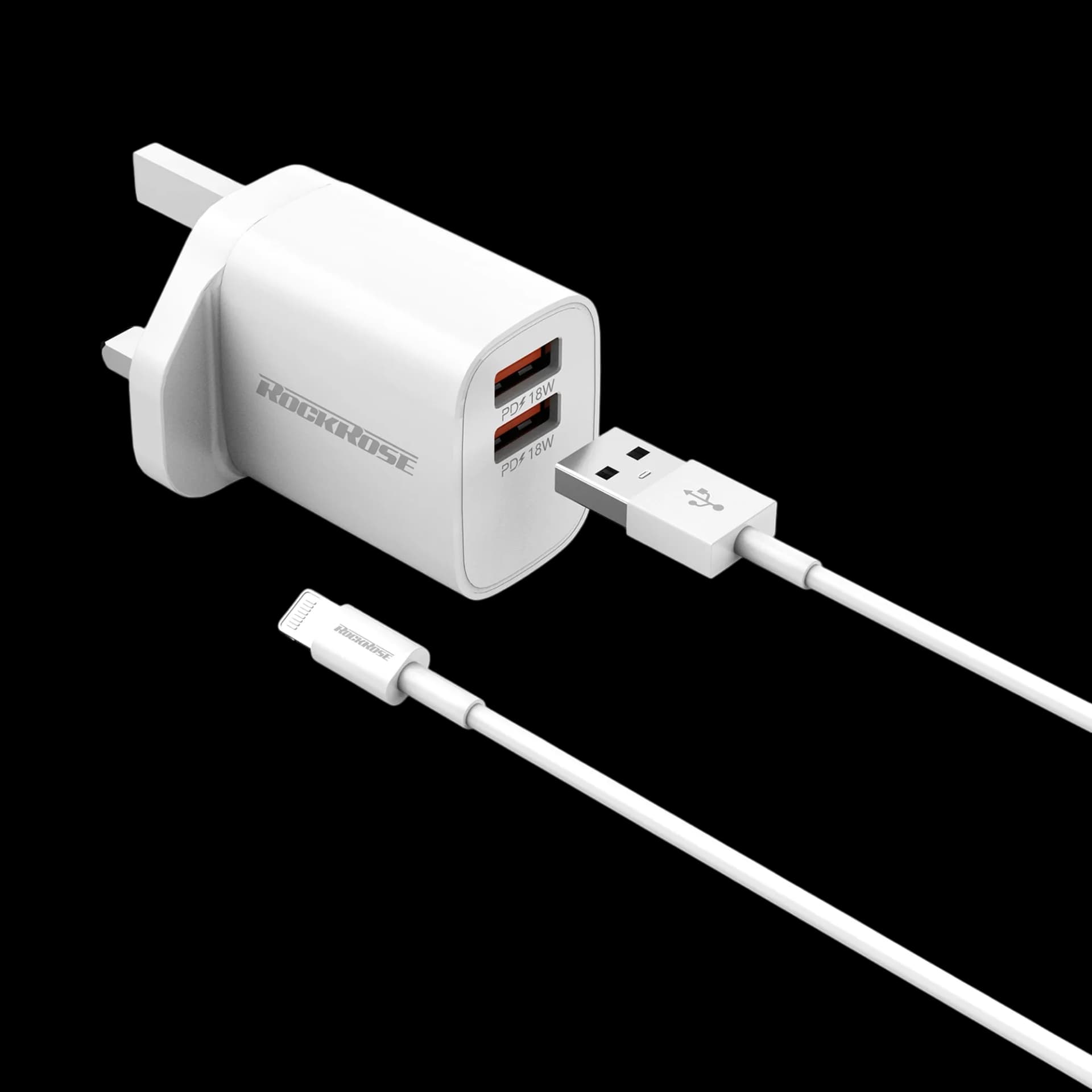 RockRose Dual USB-A Port 18W Fast Charger Kit (UK Plug)