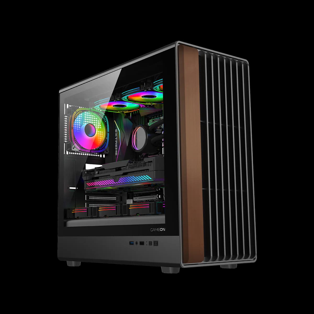 GAMEON TIMBER Midnight Series ARGB + PWM Mid Tower Gaming Case - Wood/Black