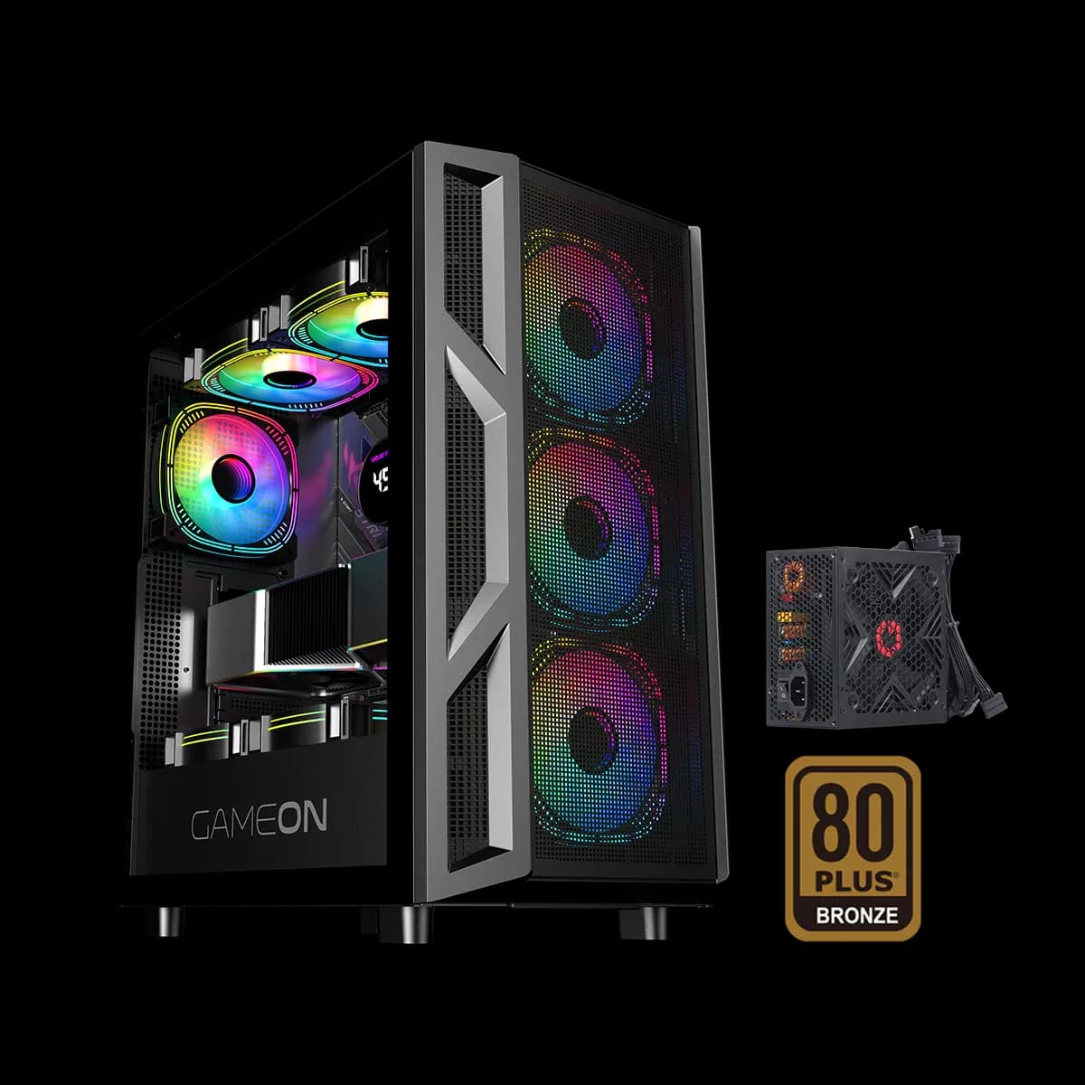 GAMEON Trident IV-M POWERFORGE Series Mid Tower Gaming Case with 750W Power Supply Pre-Installed - Black