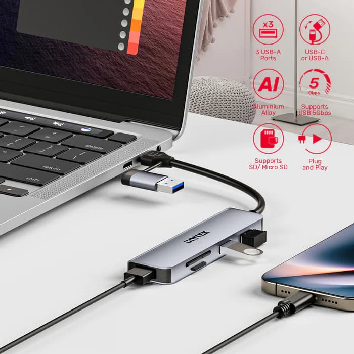 UNITEK uHUB P5+ 5-in-1 USB 5Gbps Hub with SD and Micro SD Card Reader - Image 3