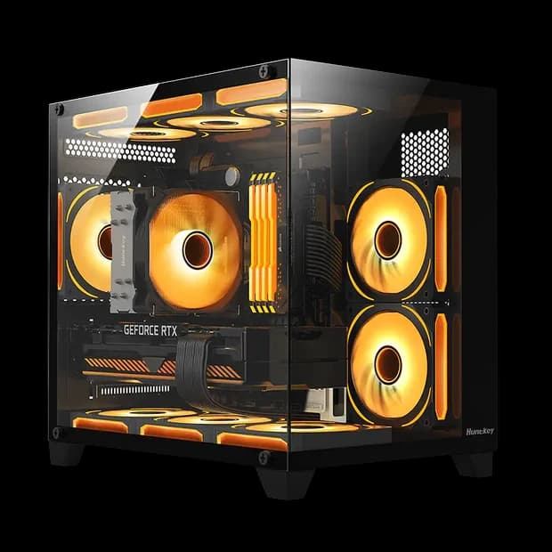 Huntkey S920 Storm Full View M-ATX Gaming PC Case, Dual Tempered Glass Panels, Support 9 Fans & 240mm Liquid Cooling, RTX 50 Series Compatible (Fans Not Included)