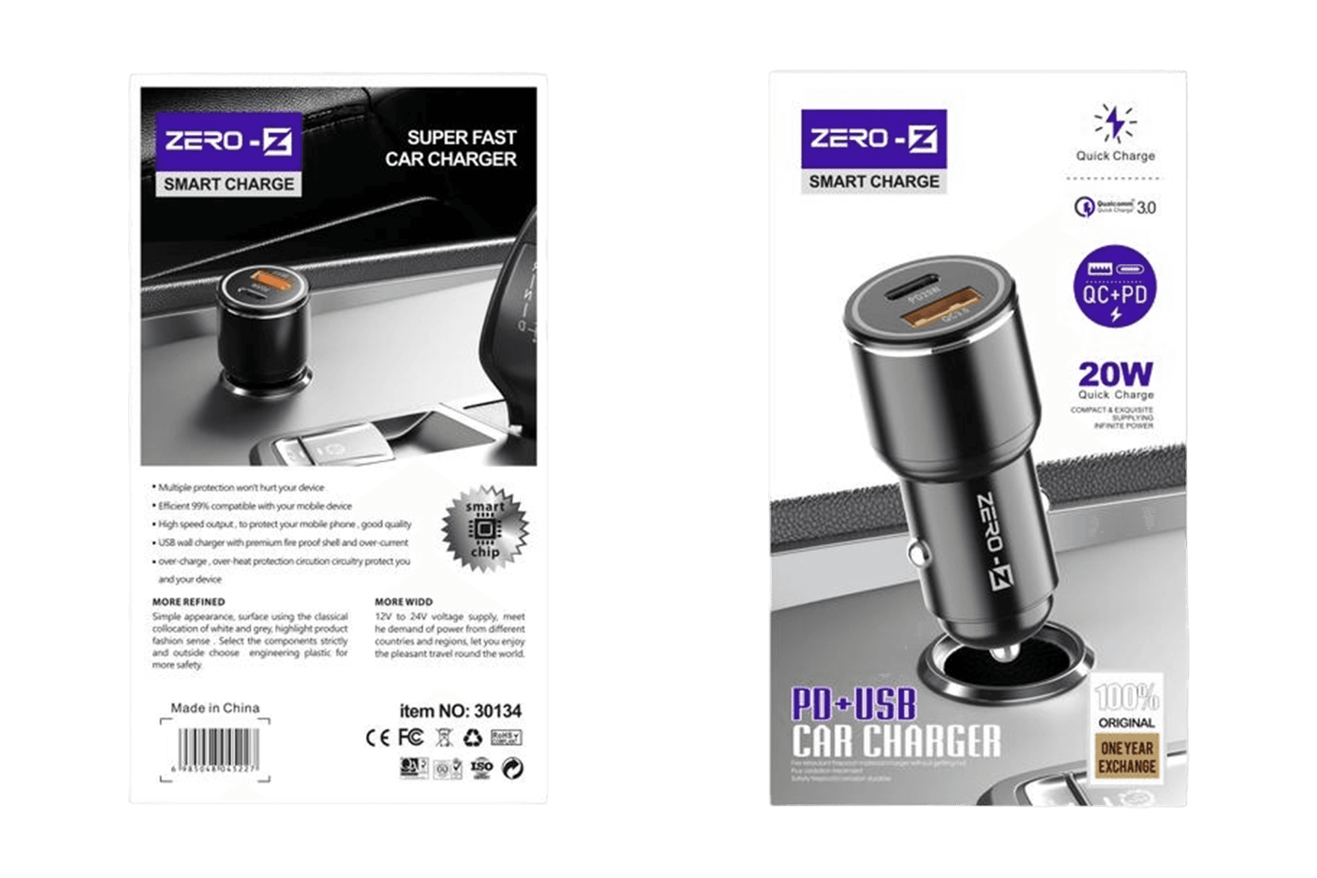 Zero-Z Smart PD+USB Car Charger (20W) 