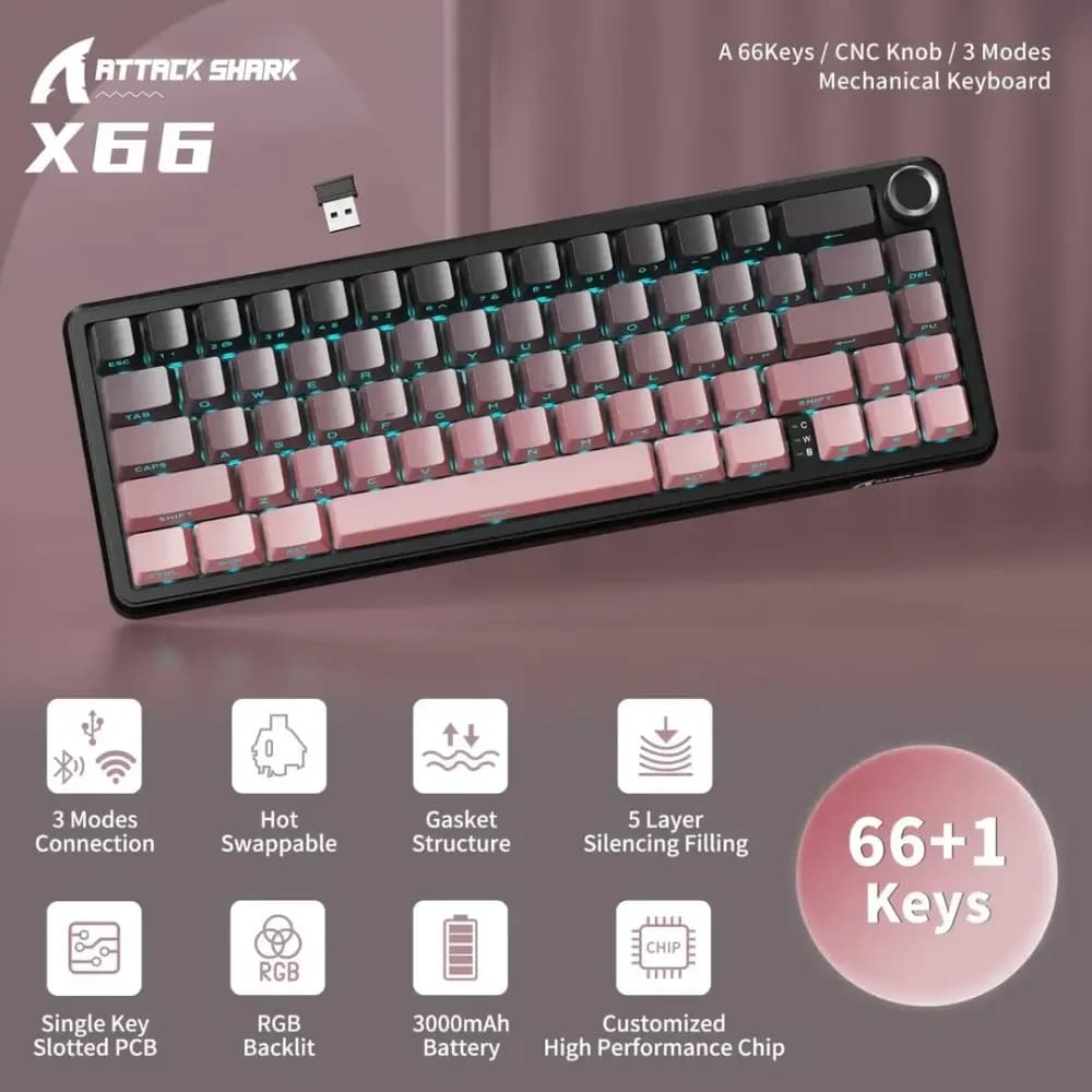 ATTACK SHARK X66 Black Berry Wireless Mechanical Keyboard - Image 3