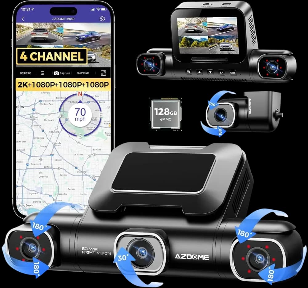 AZDOME M660 360° 4-Channel Dash Cam – 2K Front, 1080P Rear/Inside/Left/Right, Built-in 128GB eMMC, 5G WiFi, Voice Control, 4 Adjustable Lenses, IR Night Vision - Image 1