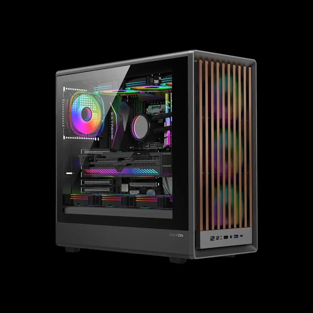 GAMEON TIMBERI Midnight Series ARGB + PWM Mid Tower Gaming Case - Wood/Black - Image 1