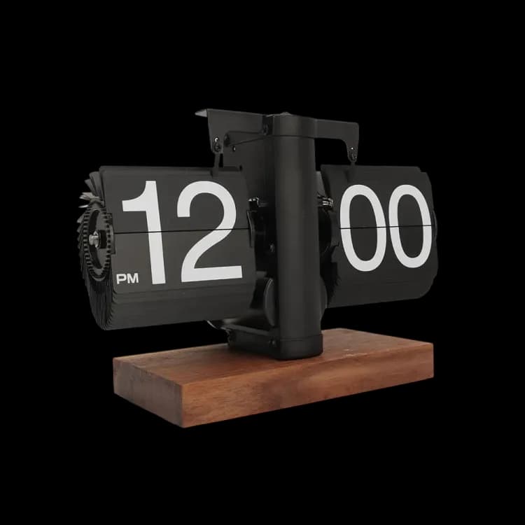 Desktop Mechanical Clock, Retro Digital Flip Desk Clock, Walnut Base Battery Powered for Office - Black - Image 1