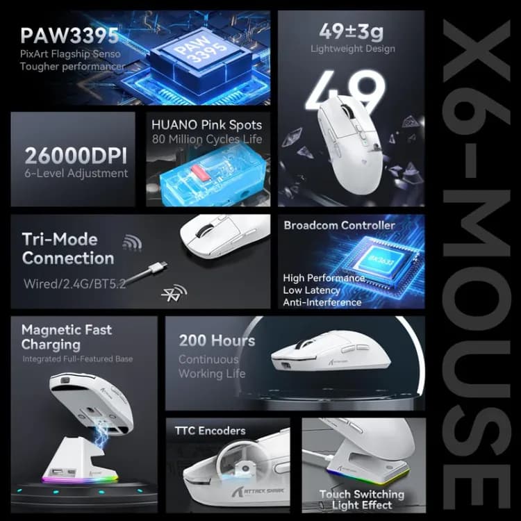 ATTACK SHARK X6 Three Modes Gaming Mouse With Charging Dock - Image 6