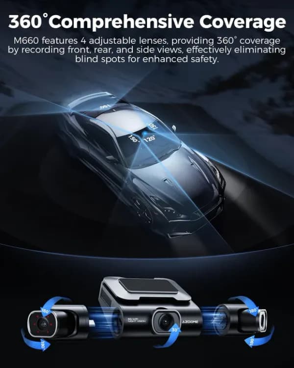 AZDOME M660 360° 4-Channel Dash Cam – 2K Front, 1080P Rear/Inside/Left/Right, Built-in 128GB eMMC, 5G WiFi, Voice Control, 4 Adjustable Lenses, IR Night Vision - Image 7