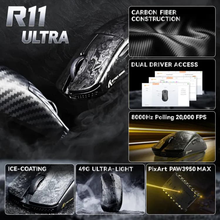 ATTACK SHARK R11 ULTRA Carbon Fiber Wireless 8K PAW3950MAX Gaming Mouse - Image 9