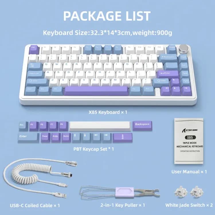 ATTACK SHARK X85 Wireless Mechanical Keyboard White Purple - Image 8
