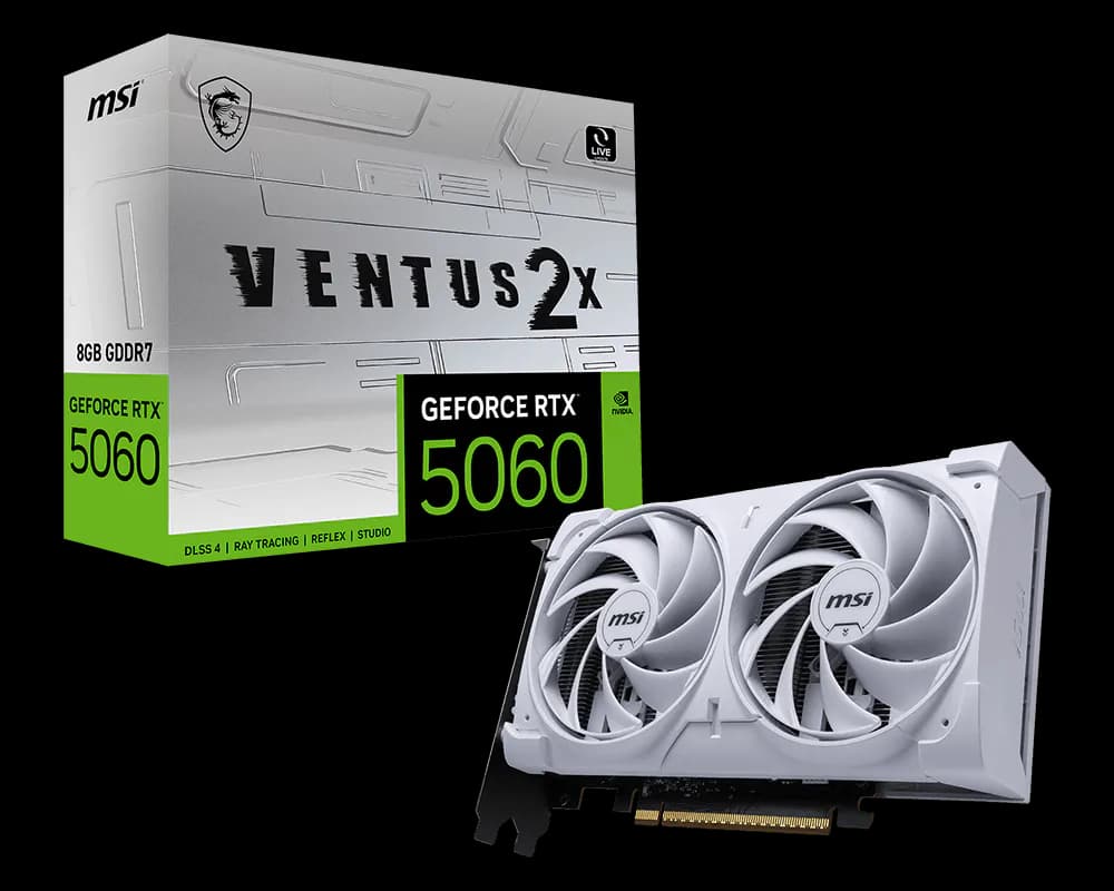 MSI GeForce RTX 5060 8GB VENTUS 2X WHITE Graphics Card, GDDR7, 28Gbps, 128-bit, Dual Fan Cooling, PCIe 5.0, HDMI 2.1b, DisplayPort 2.1, DLSS 4, Ray Tracing, White Edition