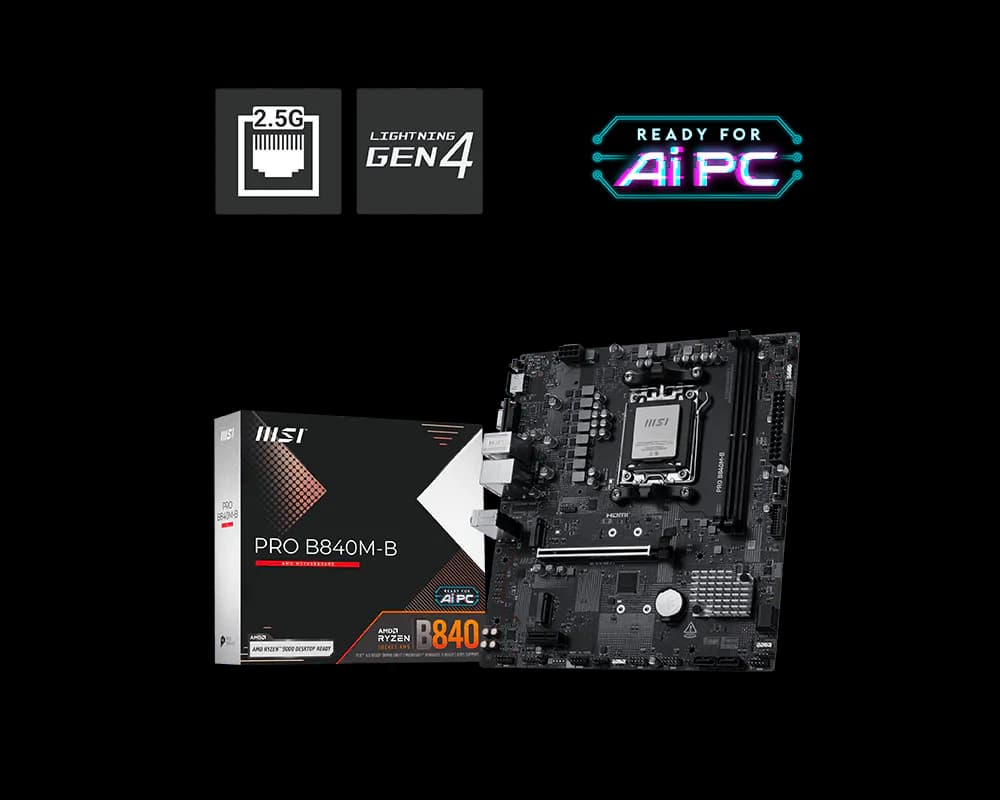 MSI PRO B840M-B mATX Motherboard – AMD B840, AM5, DDR5, PCIe 4.0, M.2, HDMI, USB 3.2