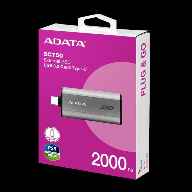 ADATA SC750 External SSD USB 3.2 Gen2 1050MB/s Read 1000MB/s Write Slide-Out Type-C Cableless - 2TB